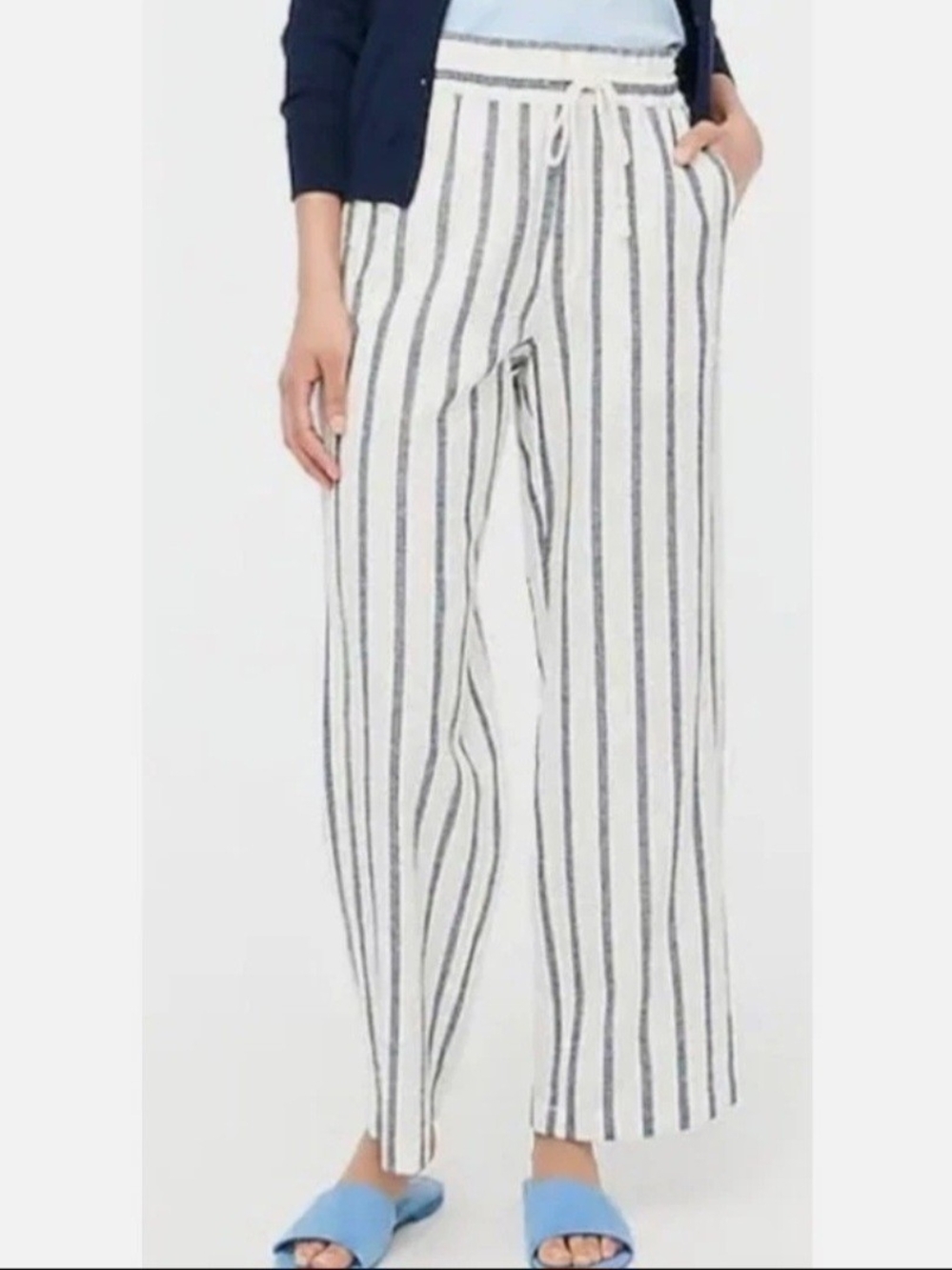 J. Crew Factory White Wide-Leg Pants with Navy Stripes Size 6